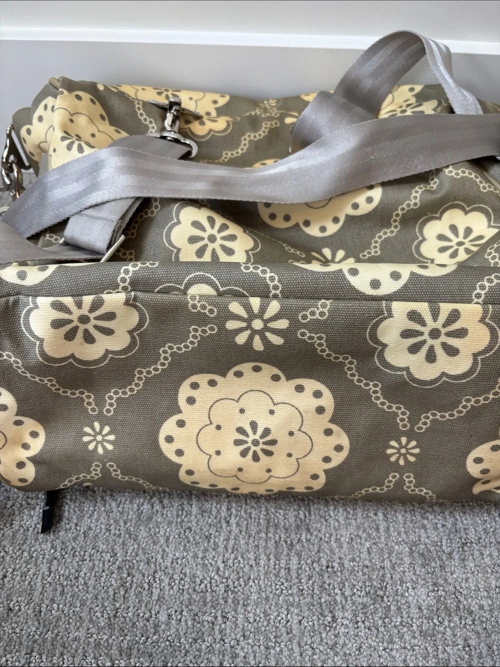 Petunia Pickle Bottom Gray Messenger Bag with Cream Floral Print